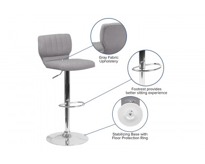 BLNK Jeremy Fabric Adjustable Height Bar Stool with Vertical Stitch Back and Chrome Base - Gray