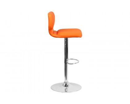 BLNK Jeremy Vinyl Adjustable Height Bar Stool with Vertical Stitch Back and Chrome Base - Orange