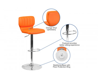 BLNK Jeremy Vinyl Adjustable Height Bar Stool with Vertical Stitch Back and Chrome Base - Orange