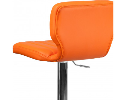 BLNK Jeremy Vinyl Adjustable Height Bar Stool with Vertical Stitch Back and Chrome Base - Orange