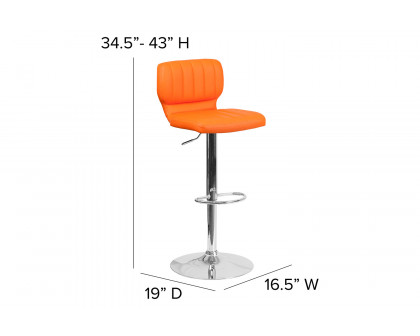 BLNK Jeremy Vinyl Adjustable Height Bar Stool with Vertical Stitch Back and Chrome Base - Orange