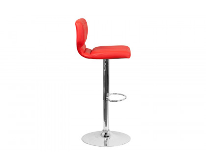 BLNK Jeremy Vinyl Adjustable Height Bar Stool with Vertical Stitch Back and Chrome Base - Red