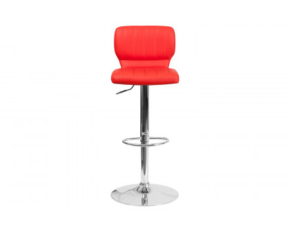 BLNK Jeremy Vinyl Adjustable Height Bar Stool with Vertical Stitch Back and Chrome Base - Red