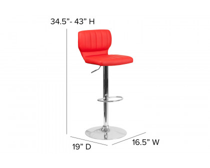 BLNK Jeremy Vinyl Adjustable Height Bar Stool with Vertical Stitch Back and Chrome Base - Red