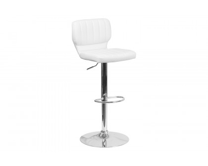 BLNK Jeremy Vinyl Adjustable Height Bar Stool with Vertical Stitch Back and Chrome Base - White