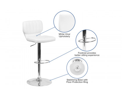 BLNK Jeremy Vinyl Adjustable Height Bar Stool with Vertical Stitch Back and Chrome Base - White