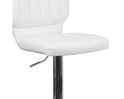 BLNK Jeremy Vinyl Adjustable Height Bar Stool with Vertical Stitch Back and Chrome Base - White