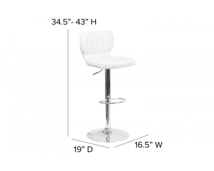 BLNK Jeremy Vinyl Adjustable Height Bar Stool with Vertical Stitch Back and Chrome Base - White