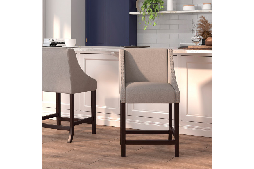 BLNK™ Carmel Series Fabric Transitional Walnut Counter Height Stool with Accent Nail Trim - Light Gray