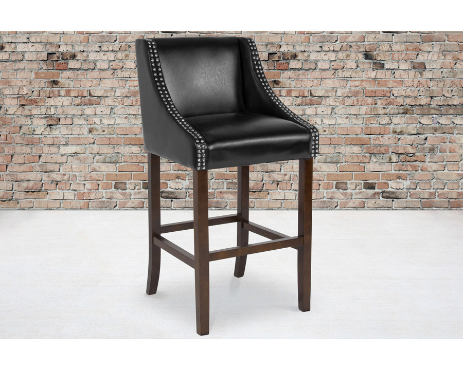 BLNK Carmel Series LeatherSoft Transitional Walnut Bar Stool with Accent Nail Trim - Black