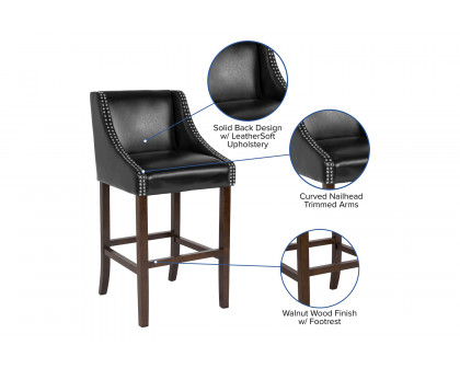 BLNK Carmel Series LeatherSoft Transitional Walnut Bar Stool with Accent Nail Trim - Black