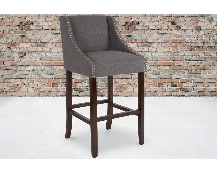 BLNK Carmel Series Fabric Transitional Walnut Bar Stool with Accent Nail Trim - Dark Gray