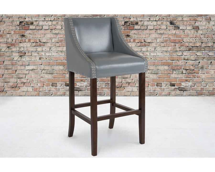 BLNK Carmel Series LeatherSoft Transitional Walnut Bar Stool with Accent Nail Trim - Light Gray