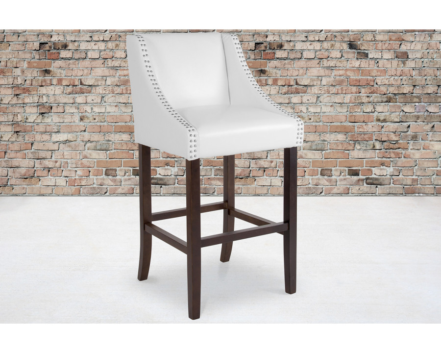 BLNK Carmel Series LeatherSoft Transitional Walnut Bar Stool with Accent Nail Trim - White