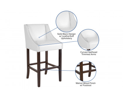 BLNK Carmel Series LeatherSoft Transitional Walnut Bar Stool with Accent Nail Trim - White