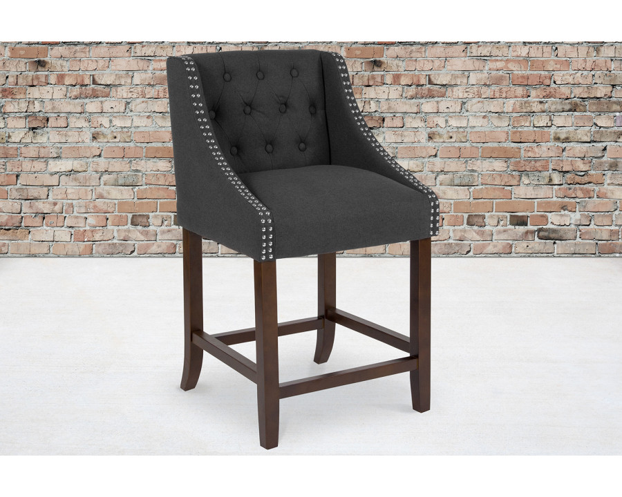 BLNK Carmel Series Fabric Transitional Tufted Walnut Counter Height Stool with Accent Nail Trim - Charcoal