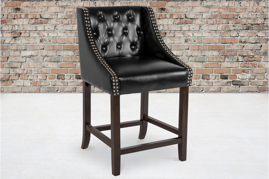 BLNK™ Carmel Series LeatherSoft Transitional Tufted Walnut Counter Height Stool with Accent Nail Trim - Black