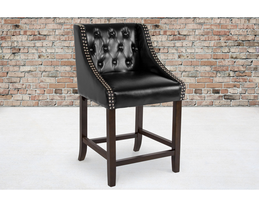 BLNK Carmel Series LeatherSoft Transitional Tufted Walnut Counter Height Stool with Accent Nail Trim - Black