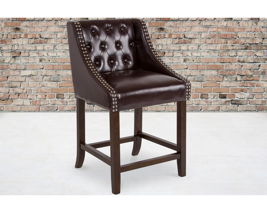 BLNK Carmel Series LeatherSoft Transitional Tufted Walnut Counter Height Stool with Accent Nail Trim