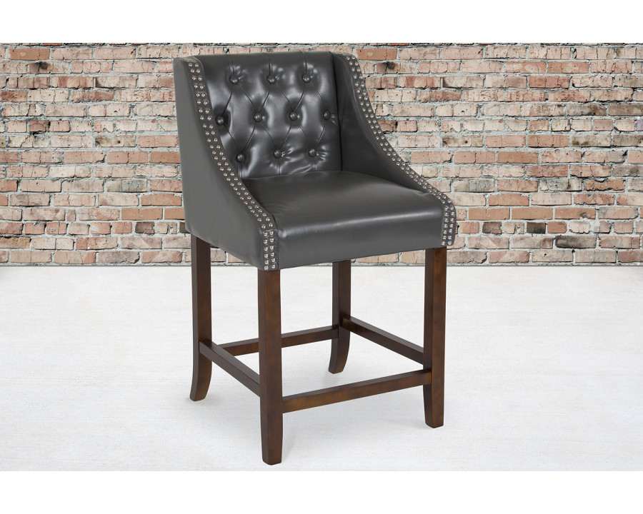 BLNK Carmel Series LeatherSoft Transitional Tufted Walnut Counter Height Stool with Accent Nail Trim - Dark Gray