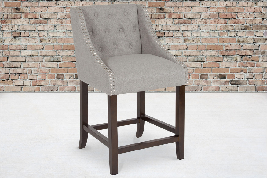 BLNK™ Carmel Series Fabric Transitional Tufted Walnut Counter Height Stool with Accent Nail Trim - Light Gray