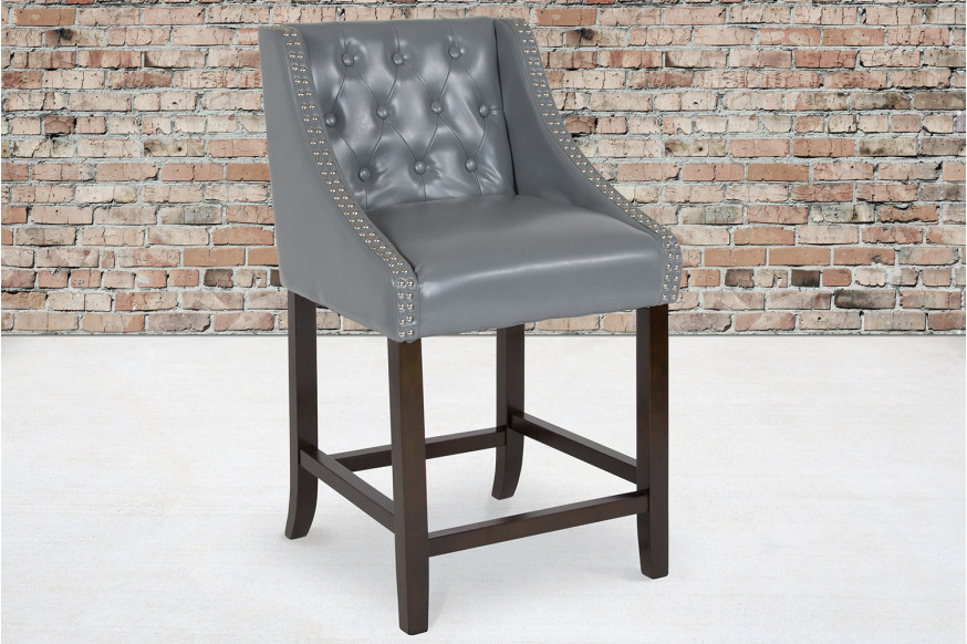 BLNK™ Carmel Series LeatherSoft Transitional Tufted Walnut Counter Height Stool with Accent Nail Trim - Light Gray