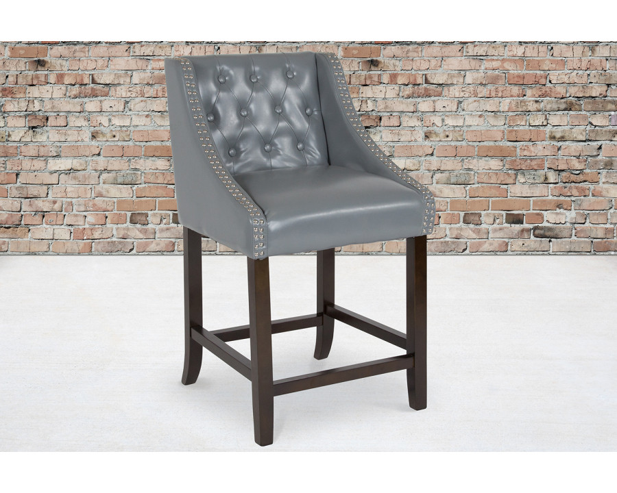 BLNK Carmel Series LeatherSoft Transitional Tufted Walnut Counter Height Stool with Accent Nail Trim - Light Gray