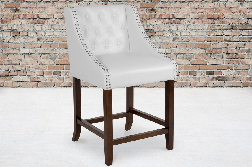 BLNK™ Carmel Series LeatherSoft Transitional Tufted Walnut Counter Height Stool with Accent Nail Trim - White