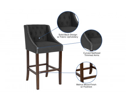 BLNK Carmel Series Fabric Transitional Tufted Walnut Bar Stool with Accent Nail Trim - Charcoal