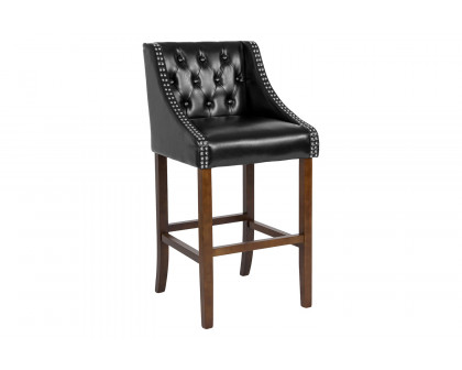 BLNK Carmel Series LeatherSoft Transitional Tufted Walnut Bar Stool with Accent Nail Trim - Black