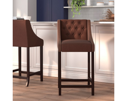 BLNK Carmel Series Fabric Transitional Tufted Walnut Bar Stool with Accent Nail Trim