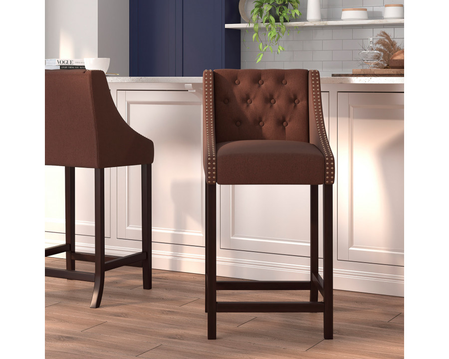 BLNK Carmel Series Fabric Transitional Tufted Walnut Bar Stool with Accent Nail Trim - Brown