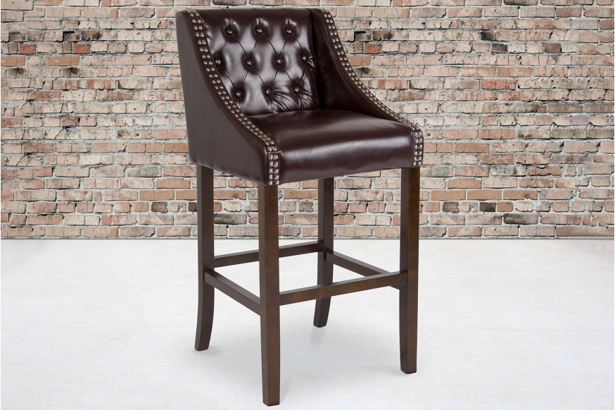 BLNK™ Carmel Series LeatherSoft Transitional Tufted Walnut Bar Stool with Accent Nail Trim - Brown