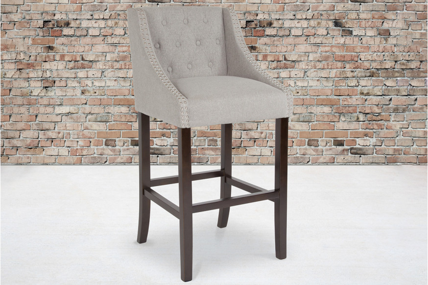 BLNK™ Carmel Series Fabric Transitional Tufted Walnut Bar Stool with Accent Nail Trim - Light Gray