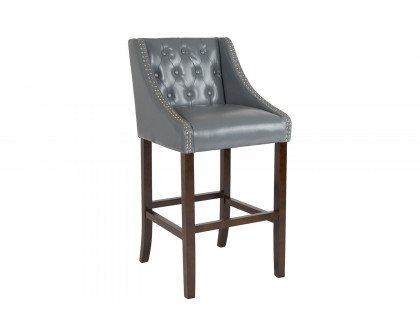 BLNK Carmel Series LeatherSoft Transitional Tufted Walnut Bar Stool with Accent Nail Trim - Light Gray