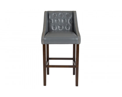 BLNK Carmel Series LeatherSoft Transitional Tufted Walnut Bar Stool with Accent Nail Trim - Light Gray