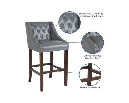 BLNK Carmel Series LeatherSoft Transitional Tufted Walnut Bar Stool with Accent Nail Trim - Light Gray