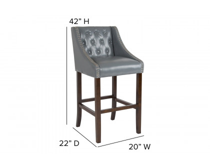 BLNK Carmel Series LeatherSoft Transitional Tufted Walnut Bar Stool with Accent Nail Trim - Light Gray