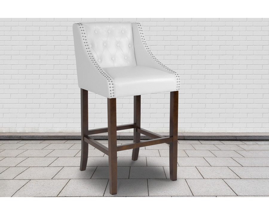 BLNK Carmel Series LeatherSoft Transitional Tufted Walnut Bar Stool with Accent Nail Trim - White