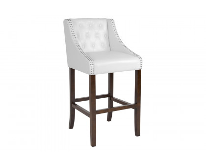 BLNK Carmel Series LeatherSoft Transitional Tufted Walnut Bar Stool with Accent Nail Trim - White