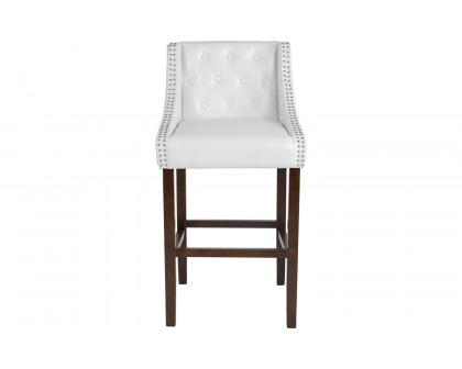 BLNK Carmel Series LeatherSoft Transitional Tufted Walnut Bar Stool with Accent Nail Trim - White