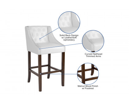 BLNK Carmel Series LeatherSoft Transitional Tufted Walnut Bar Stool with Accent Nail Trim - White