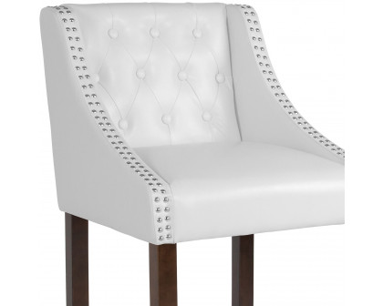 BLNK Carmel Series LeatherSoft Transitional Tufted Walnut Bar Stool with Accent Nail Trim - White