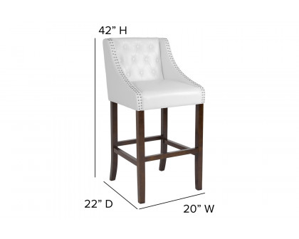 BLNK Carmel Series LeatherSoft Transitional Tufted Walnut Bar Stool with Accent Nail Trim - White