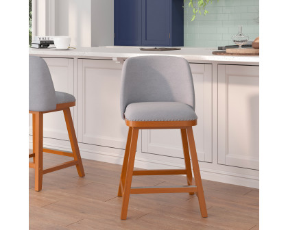 BLNK Julia Faux Linen Transitional Upholstered Counter Stools with Silver Nailhead Trim and Walnut Finish Solid Wood Frames Set of 2