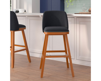 BLNK Julia Faux Linen Transitional Upholstered Bar Stools with Silver Nailhead Trim and Walnut Finish Solid Wood Frames Set of 2