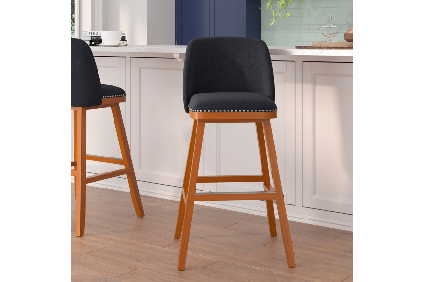 BLNK™ Julia Faux Linen Transitional Upholstered Bar Stools with Silver Nailhead Trim and Walnut Finish Solid Wood Frames Set of 2 - Charcoal