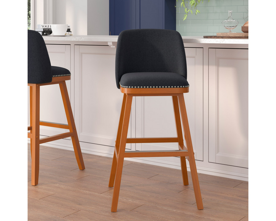 BLNK Julia Faux Linen Transitional Upholstered Bar Stools with Silver Nailhead Trim and Walnut Finish Solid Wood Frames Set of 2 - Charcoal