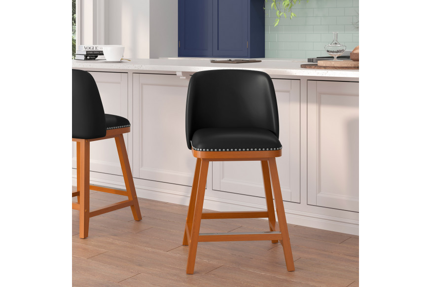 BLNK™ Julia LeatherSoft Transitional Upholstered Counter Stools with Silver Nailhead Trim and Walnut Finish Solid Wood Frames Set of 2 - Black