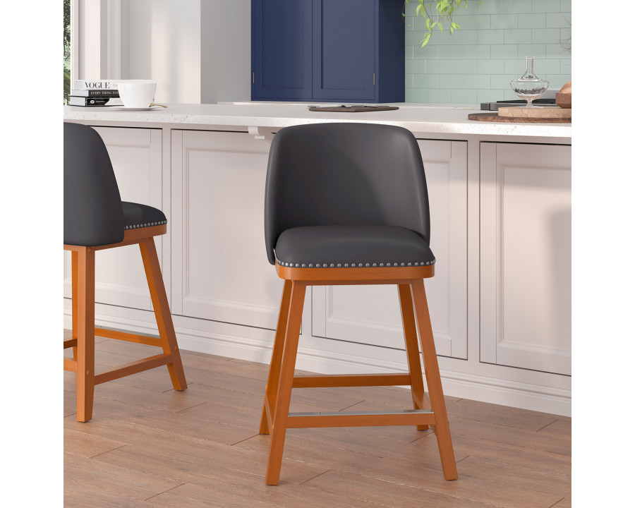 BLNK Julia LeatherSoft Transitional Upholstered Counter Stools with Silver Nailhead Trim and Walnut Finish Solid Wood Frames Set of 2